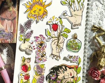 Spring. Set of 9 floral stickers. Bundle for bujo, bullet journal, hobonichi. Flowers, ostara, botanical, pack, bees, strawberries, lilac