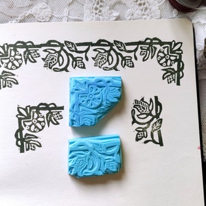 Medieval border flowers, set 2 stamps craft linocut handmade engraving stationery vintage witch old art nouveau craft, floral