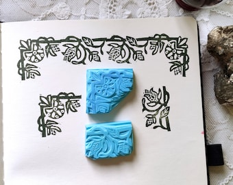 Medieval border flowers, set 2 stamps craft linocut handmade engraving stationery vintage witch old art nouveau craft, floral