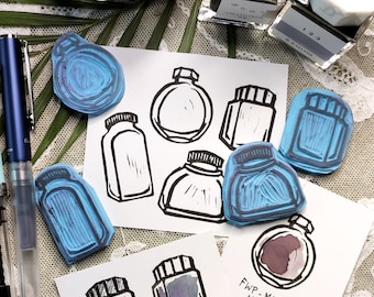 Ink bottle stamps for fountain pens. Vials, bottles, potions, swatches for journals, diaries, handmade stationery.