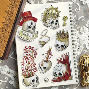 Set stickers "dungeon skulls" lot 6 gros autocollants (+3 petits) pack set potion bujo bullet journal grimoire roliste magique