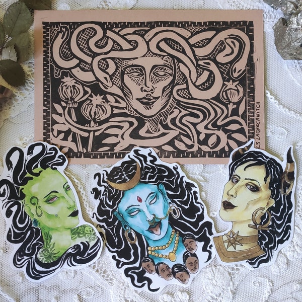Médusa Gorgon and badass goddesses. pack of stickers and linocut print A6 mythology paganism kali dark goddess Inanna ishtar lilith