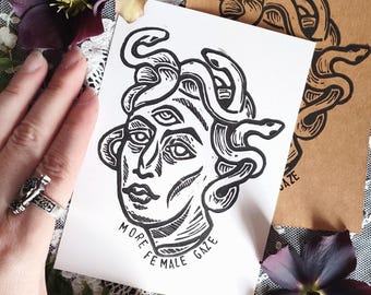 Medusa - more female gaze. Linocut. A6 print with Gorgon. Greek Mythology, Gothic, feminist postcard, dark cabinet of curiosities, oddity