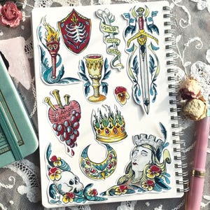 Set stickers "Medieval tales" 11 autocollants set pack bujo bullet journal jeu de rôle, moyen age, geek fantasy épée roliste fanart pensée