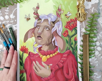The faun with bees - original A4 artwork. Acrylic on paper. Arcane Medieval Tarot Fairy Tale Cabinet of Curiosities