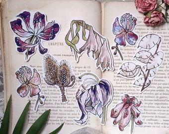 Wilted flowers, set of 8 stickers pack for bujo bullet journal witchy grimoire goth gothic halloween sunflower roses daffodil