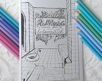 Coloring book "Poolrooms". Printable 8 illustrations, holiday, synthwave, cozy, vaporwave, liminal space, dreamcore, backrooms sublimity
