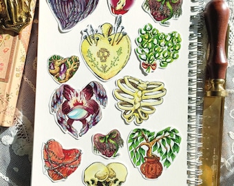 Odd hearts - Set 11 stickers for bujo bullet journal grimoire sacred heart magic spell oddity occult gothic pack bundle valentine's day