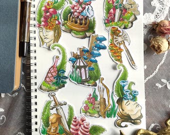 Mushrooms and role-playing game - Set 9 bujo bullet journal rpg pack bundle botanical nature cottage, sword, medieval, dungeon, autumn