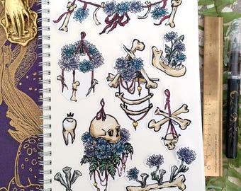 Ossuary - Set 9 stickers, pack, set, bundle for bujo, bullet journal, hobonichi, agenda, grimoire. Bones and mums, halloween vibe, macabre