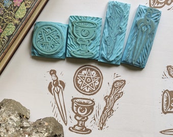 Lot 4 Tampons encreurs Tarot - artisanal linogravure handmade gravure papeterie witchy gothique goth sorcière journal tirage divination