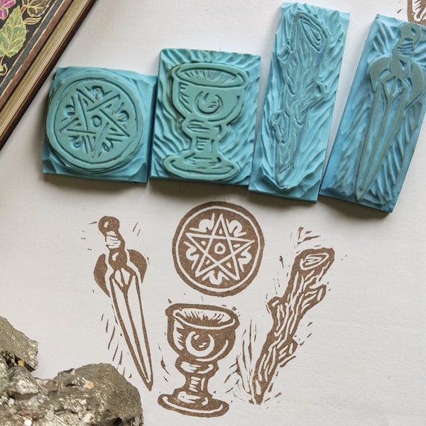 4 stamps bundle Tarot handmade linocut cabinet of curiosity ink stamp engraving stationery witchy magic divination witchcraft