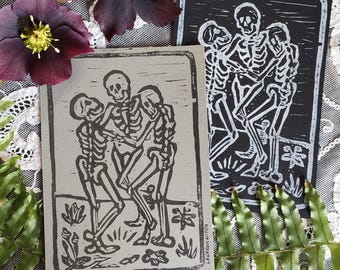 Dance of Death Linocut. A6 print Gothic medieval art Middle Ages postcard skeleton skull dark cabinet of curiosities. Danse macabre, oddity