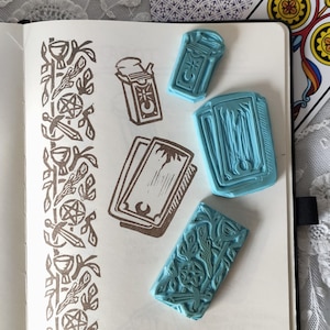 Tampons tarot. Contour de carte, deck et frise - artisanal linogravure handmade stamp gravure papeterie witchy gothique goth sorcière