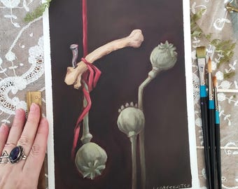Bones and Poppies // Memento Mori - Original artwork A4. Oil on paper. Still life with bones, flowers, nature, cabinet of curiosities