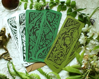 2x bookmarks linocut floral print william morris victorian art pine cone botanical art nouveau cabinet curiosity oddity nature autumn fall