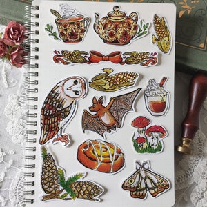 Set 12 stickers "joies de l'automne" lot autocollants bujo bullet journal pack chouette thé cottage core forêt champignon goblin core