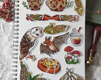 Set 12 stickers "autumn joy" bundle fall howl bujo bullet journal grimoire kawai magic forest tea cottage goblin core pack