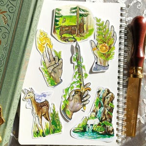 Forest core - Set 6 big stickers autocollants bujo bullet journal grimoire wicca sorcière magique greenwitch botanique pack mains chalet
