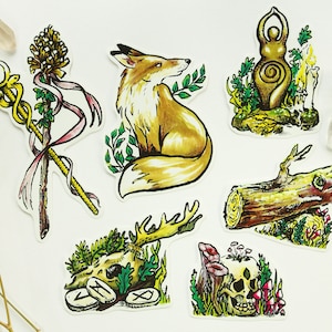 Set stickers "Forest Gods" 6 grands autocollants pack bujo bullet journal fougère magique renard crane déesse wicca foret païen pagan druide