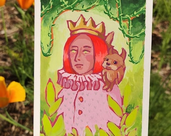 Little thorn prince with his dog - Original Artwork. Acrylic painting on paper. Fine art, fairy tale, fantasy, handmade miniature