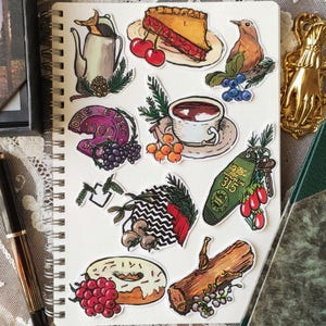 Set stickers "Twin Peaks and berries" 10 autocollants bujo bullet journal baies campagne série tarte donut café forêt automne framboise pack