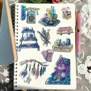Set 10 stickers "esoteric shop" for bujo bullet journal grimoire wicca sorcière sorcellerie magique sortilège autel potion occulte pack