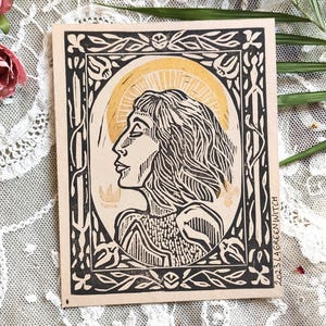 Jeanne d'Arc Linogravure A6 impression gothic art médiéval moyen âge carte postale Joan of arc girl power feminist cabinet curiosité