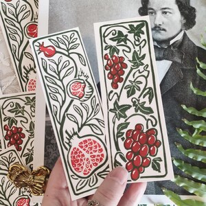 2x bookmarks "pomegranate and grapes" linocut floral print william morris victorian botanical art nouveau cabinet curiosity oddity nature