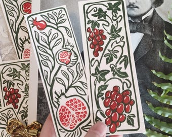 2x bookmarks "pomegranate and grapes" linocut floral print william morris victorian botanical art nouveau cabinet curiosity oddity nature