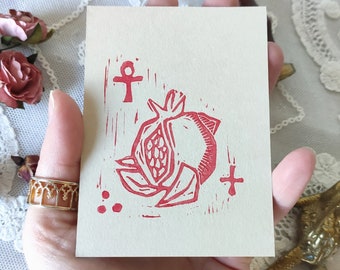 Pomegranate - Persephone, greek mythology, victorian grave inspired linoprint, gothic art, antique, feminist fruit, oddity engraving