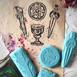 Lote 4 almohadillas de tinta Tarot - linograbado artesanal grabado hecho a mano papelería bruja gótica diario de brujas sorteo de adivinación