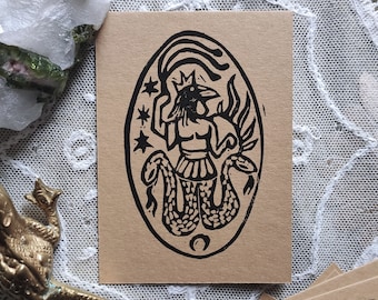 Abraxas - occult linoprint, esoteric, gothic art antiquities and medieval gnosis  dark god demon oddity engraving, magick