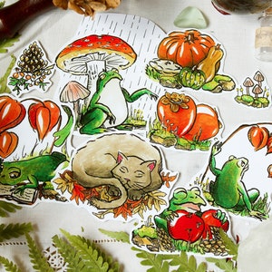 Set stickers "grenouilles" lot 9 autocollants automne bujo bullet journal pack kawai kaki lanterne potiron japonais cottage goblin core