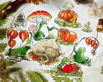 Set stickers "frogs" 9 pc bundle fall autumn toad bujo bullet journal grimoire kawai magic lantern pumpkin japanese cottage goblin core pack