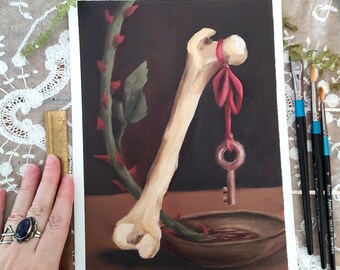 Bones and key // Memento Mori - Original artwork A4. Oil on paper. Still life with bones, flowers, nature, cabinet of curiosities