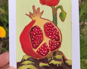 Melograno - opera d'arte originale. Pittura acrilica su carta. Papavero in miniatura, papavero, Persefone, frutta, estate, tatuaggio, decorazione, arte