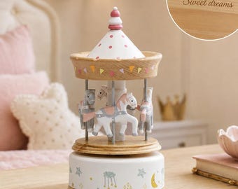 Custom Wooden Pink Carousel Music Box, Engraved Name Baby Gift, Baby Shower Gifts, Nursery Decor, 1st Birthday Gift for Girls,Christmas Gift