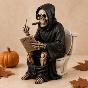 May include: A skeletal figure wearing a black hooded robe sits on a white toilet, reading a newspaper titled NEWS. The figure has a cigar in its mouth with visible smoke and is holding up its middle finger. The skeleton has beige-colored bones.