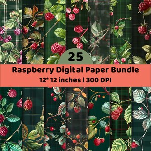 Puede incluir: Un paquete de papel digital con 25 patrones de frambuesas rojas y hojas verdes sobre fondos de cuadros verde oscuro. El texto dice 25 Raspberry Digital Paper Bundle 12* 12 inches | 300 DPI. Los diseños muestran ilustraciones botánicas de frutas.