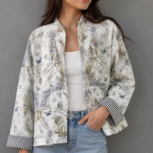 Handmade Block Print Quilted Jacket, Boho Floral Patchwork Coat, Lightweight Ethnic Outerwear