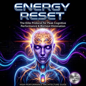 May include: A digital illustration titled ENERGY RESET The Elite Protocol for Peak Cognitive Performance & Burnout Elimination featuring a human figure with a glowing brain and a battery icon on the chest, surrounded by purple and orange light.