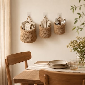 May include: Three round, tan, woven hanging baskets mounted on a wall. The two larger baskets contain folded, light-colored striped and solid fabric napkins. The smallest basket on the right holds a collection of silver forks and a spoon.