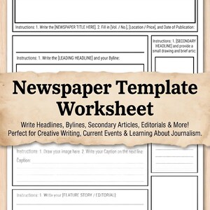 May include: A white paper newspaper template worksheet with black text and lines. The document includes fields for Name, Date, Class, Newspaper Title, Vol/No, Location/Price, Date of Publication, Leading Headline, Byline, Secondary Headline, and Feature Story.