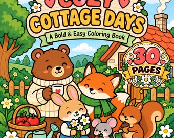 Målarbok Mysiga stugdagar, Cottagecore-målarbok, Mysiga djurmålarbilder, Djärva och enkla målarbilder, Utskrivbar PDF