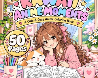 Mysig Anime-målarbok | Söta Kawaii Animeflickor-målarbilder | Utskrivbar Anime-målarbok | Digital nedladdning