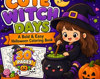 Söt häxmålarbok, söta Halloweenmålarbilder, djärv och enkel Halloweenmålarbok, utskrivbar PDF