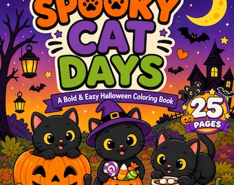 Målarbilder med läskiga katter | Söt Halloween-målarbok | Djärv och lätt utskrivbar PDF
