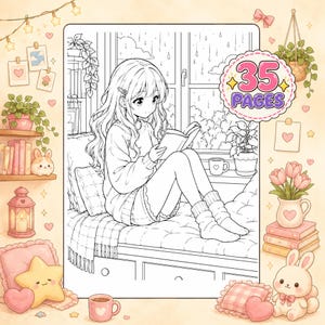 May include: A coloring book page featuring a line art illustration of a person with long hair sitting on a window seat reading a book while it rains outside. The image includes a circular badge with the text 35 PAGES in pink and purple.
