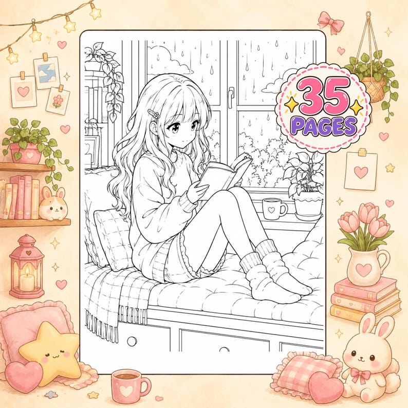 May include: A coloring book page featuring a line art illustration of a person with long hair sitting on a window seat reading a book while it rains outside. The image includes a circular badge with the text 35 PAGES in pink and purple.
